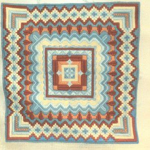 Bargello Needlepoint Hand Made Picture or Pillow Front 1970's Rust, Blue Vintage